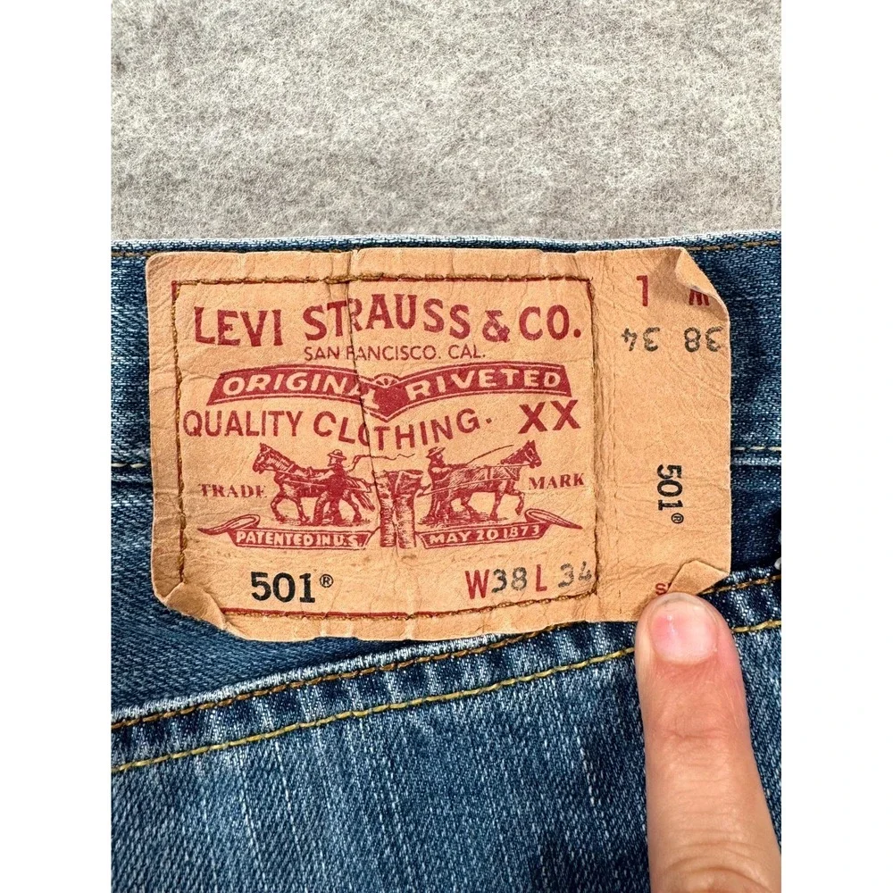 Levi's 501 Jeans Mens 38X34 Blue Denim Medium Wash Faded Straight Leg Button Fly